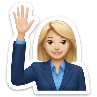 Make emoji of business woman with light skin and medium blonde hair in a dark blue business suit and light blue shirt waiving to new clients sticker