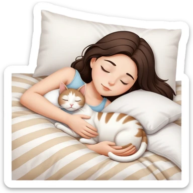 side view Brunette teenage girl sleeping with white cat that has beige stripes on a white pillow with white sheets sticker