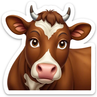 Cinematic Noble Brown Cow Portrait Emoji, Poised and regal, with a large, sturdy build and a smooth, well-groomed deep brown hide, deep-set soulful brown eyes, Simplified yet sharp and sophisticated features, highly detailed, glowing with a soft, dignified glow, high shine, intelligent and calm, stylized with an air of pastoral majesty, focused and attentive, soft glowing outline, capturing the essence of a watchful and confident bovine guardian, so majestic it feels as though it could amble out of the screen with effortless authority! sticker