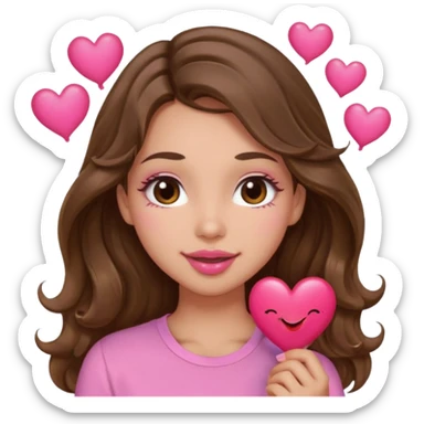 girl with long wavy brown hair, brown eyes, light to medium complexion, in a pink shirt, pink lips, long lashes, puckering lips kissing, blushing with hearts sticker