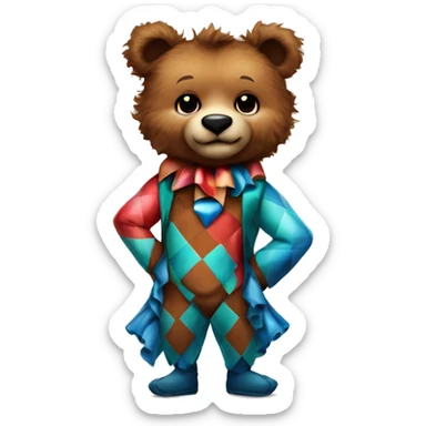 Brown Teddy bear. Harlequin. Harley Quinn bear. Jester ruffles. Diamond shapes.  sticker