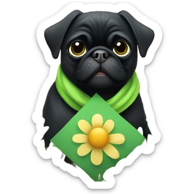Black pug , surrounded by flowers, holding a green sign that says “good luck”  sticker