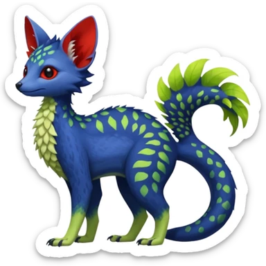 Feral Rare Fantasy vibrant tropical red and indigo and lime-collred Vernid-Trico-species-creature by LiLaiRa, random markings, tufted tail, tufted ears, full body sticker