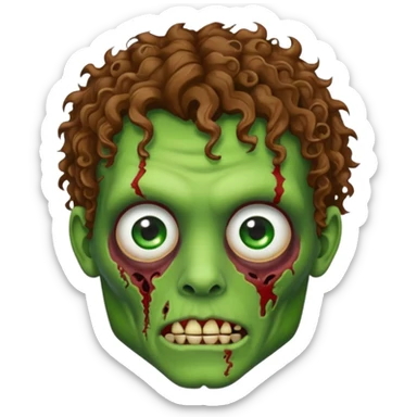 Generate an emoji-style image with a white background of a green-skinned zombie. The zombie should have visible facial wounds, curly brown hair with highlights, green eyes, and a shaved line in the left eyebrow. sticker