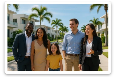 Foto hiper realista que refleje a nuestro cliente ideal de real estate: Profesionales y familias en transición Que desean mudarse a Miami o adquirir una segunda residencia, guiados por un equipo que habla su idioma —literal y figurativamente. sticker