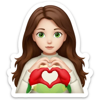Girl green eyes brown long hair white warm sweater doing hands heart sticker