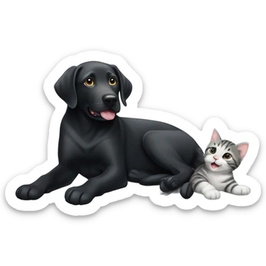 Black lab with grey tabby kitten with white legs playing with the labs tail sticker