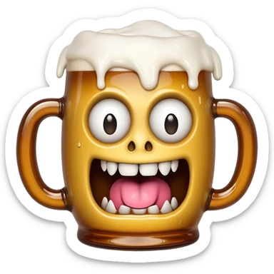 Mimic monster disguised as a beer mug with teeth and tongue, tipsy looking eyes sticker