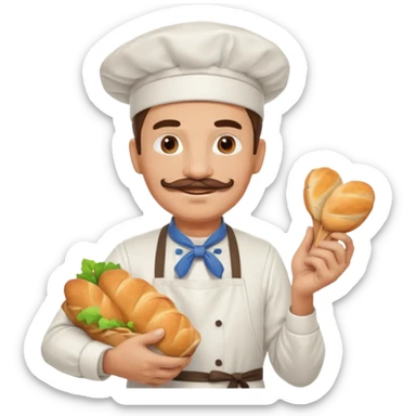 Middle aged male pastry chef - with a mustache, apron, white hat, holding a bag of bread sticker