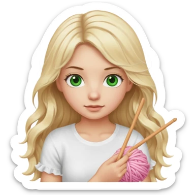 Knitting girl, blonde, long hair, natural green eyes, the tshirt is white with ruffles, the yarn is light pink sticker