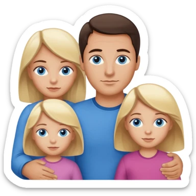 Family portrait with father with dark brown hair and blue eyes, mother with light brown hair and blue eyes, three blonde little girls with blue eyes sticker