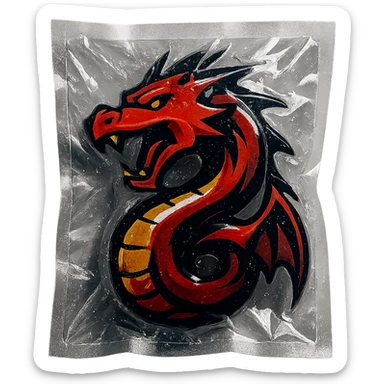 vacuum sealed style dragon, fierce expression, shiny plastic, no text sticker