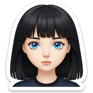 Girl wearing black with black medium length hair with bangs and blue eyes sticker