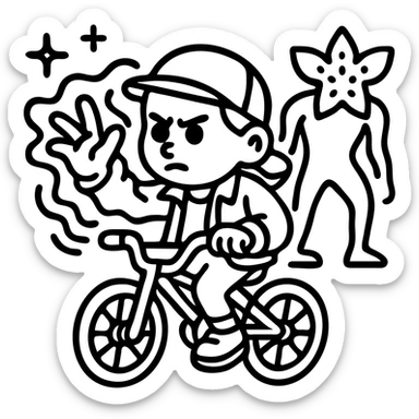 Stranger Things character in black and white line art, ideal for coloring. Personagem com bicicleta, poderes da Eleven, Demogorgon ao fundo, traços nítidos, sem cor. sticker