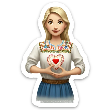 A Ukrainian woman in an embroidered shirt holds a heart in her hands sticker