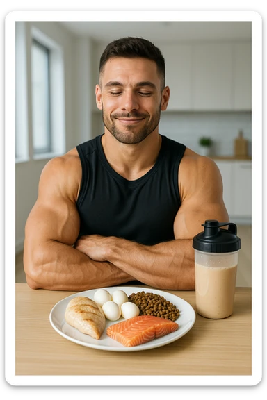 Uomo muscoloso, seduto a tavola con un piatto ricco di proteine: petto di pollo, uova, legumi, pesce e frullato proteico. Espressione soddisfatta e consapevole, in un ambiente luminoso, magari una cucina moderna o uno spogliatoio da palestra. Muscoli ben definiti, simbolo di cura e attenzione all’alimentazione. Atmosfera positiva, energetica sticker