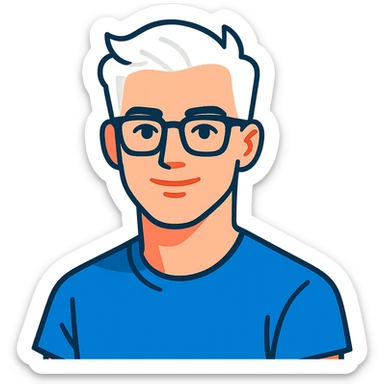 22-year-old white man with fair skin, white hair, and black glasses sticker