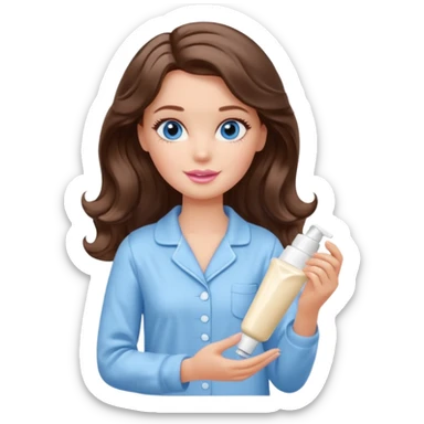 Barbie girl with makeup, blue eyes , and bob long haircut wavy, short brown hair in creamy color pajamas, face cream in hand sticker
