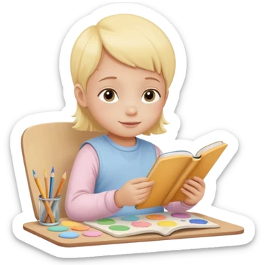 Flat illustration emoji of a small child sitting and reading a book with colored pencils or paint palette nearby, happy and peaceful expression, soft pastel colors (yellow, light blue, soft pink), rounded shapes, minimal details, child-friendly, warm and gentle style sticker