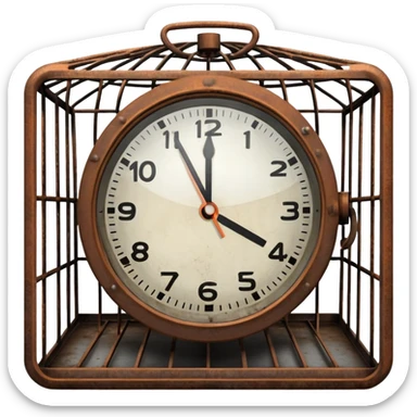 clock trapped inside a metal cage sticker