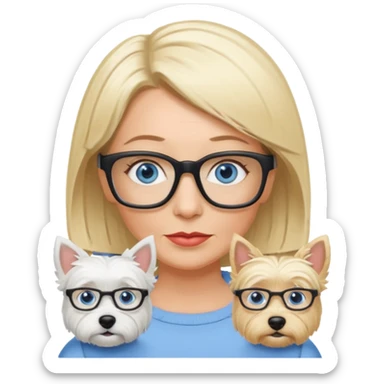 white woman blue eyes glasses middle aged blonde bob funny with westie sticker