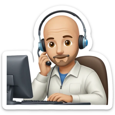 Bald man with a small beard with a telephone headset working on computer named FORDEWIND sticker