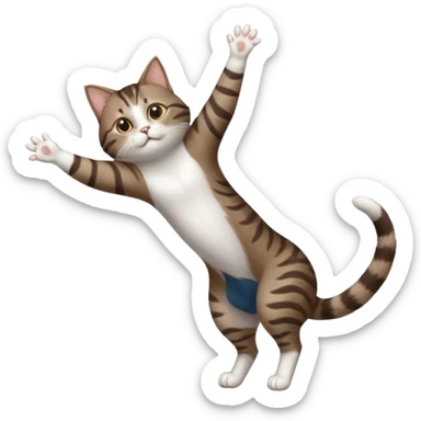 dark brown tabby and white cat with doing a big extremely long stretch reaching up into the air with arms and legs side by side together straight and overextended whilst lying on its side sticker