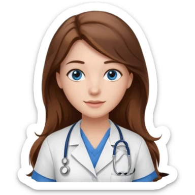 university classroom that says nursing school on the blackboard with a pretty female nursing student with long brown hair, blue eyes sticker