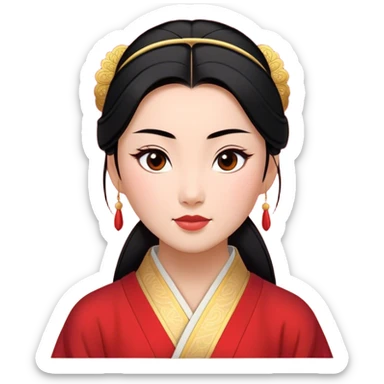 Cinematic Elegant Mulan Portrait Emoji, rendered in a realistic, vector-style with minimal shading and bold, simplified shapes. Depict Mulan (chest and above) with warm, light-toned skin, almond-shaped eyes, and sleek black hair styled in a traditional bun. She wears a modest, traditional robe with subtle red and gold accents, glowing with a soft, refined radiance and high shine, capturing timeless beauty and inner strength. sticker