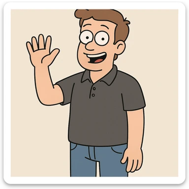 A man and light brown hair Dark Grey Pique Polo Shirt blue jeans hand to say hello sticker