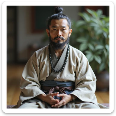 realistic AI chatbot with a calm, wise samurai-inspired appearance, embodying Bushido and Buddhist serenity. Subtle traditional robes, peaceful expression, poised posture, tranquil setting, aura of focus and mindfulness. sticker