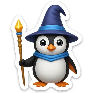 A penguin wizard holding a magic staff in apple style emoji, no background sticker