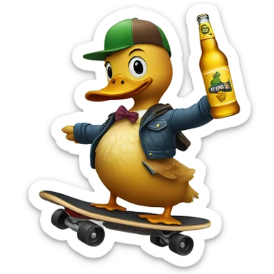 A duck riding a skateboard while holding a beer bottle  sticker