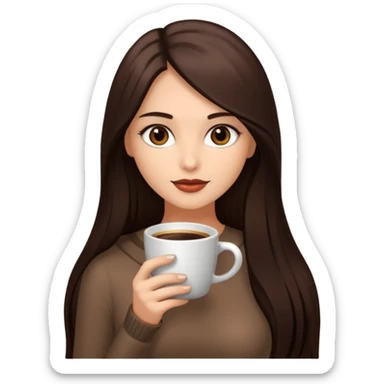 Straight Dark Brown long haired sexy woman with dark brown eyes with cup of coffee sticker
