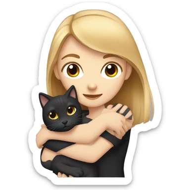 pale girl with brown hair and black eyes hugging a dark blonde  cat sticker