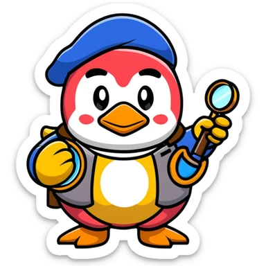 King Dedede from Kirby dressed as a detective, holding a magnifying glass, cartoon style sticker