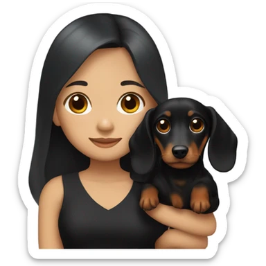 an Asian girl with long hair, wear black dress, hugging a black and tan long haired dachshund sticker