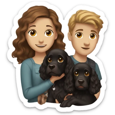 brown-haired girl and brown-haired boy with a black cocker spaniel sticker