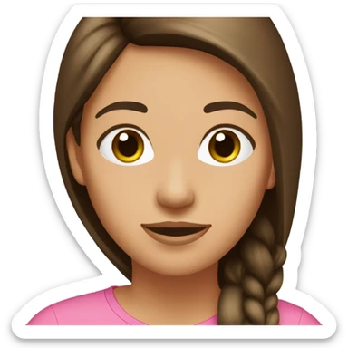 Light brown woman with long straight dark brown and auburn highlighted hair, wearing a pink t shirt with green trim sticker