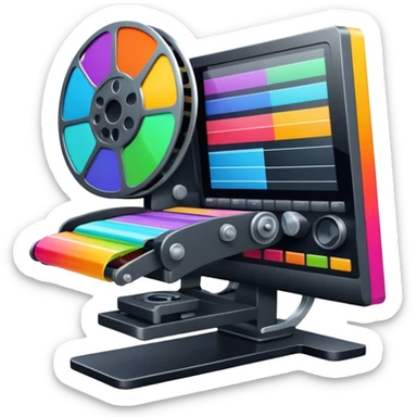 Create a vibrant and modern icon representing Animation and Motion Design, featuring elements like a film reel, a computer screen, dynamic motion lines, and a cinematographic film strip on an editing table. The design should be colorful, and dynamic, without any emojis. The background's transparent. sticker