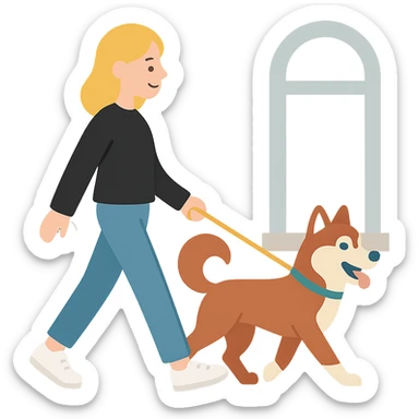 Cute Blonde woman wearing a black sweater and jeans and white sneakers walking a happy red-brown blue-eyed Siberian husky in New York City on an upper east side city sidewalk  sticker