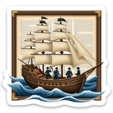 Reading Fiction: a sailing ship made of book pages floating on waves, with swashbuckling musketeers on horseback and a detective silhouette resembling Sherlock Holmes in the background. The icon should capture the adventurous and romantic spirit of classic literature. Transparent background. sticker