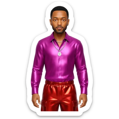 John Legend with black hair, fuchsia metallic shirt, red metallic baggy pants, silver necklace sticker