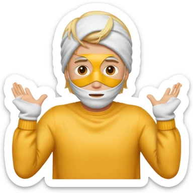 Blonde man with his face covered with the two arms going through down left to up right and with the two hands on the upper right edge of the emoji sticker