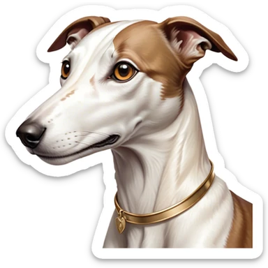 Cinematic Noble White and Brown Greyhound Portrait Emoji, Poised and regal, with a slender, aerodynamic build and a sleek Fur of pristine white accented by warm brown markings, deep-set soulful eyes, Simplified yet sharp and sophisticated features, highly detailed, glowing with a soft, dignified glow, high shine, intelligent and agile, stylized with an air of elegance, focused and attentive, soft glowing outline, capturing the essence of a watchful and swift companion, so majestic it feels as though it could dash out of the screen with effortless authority! sticker