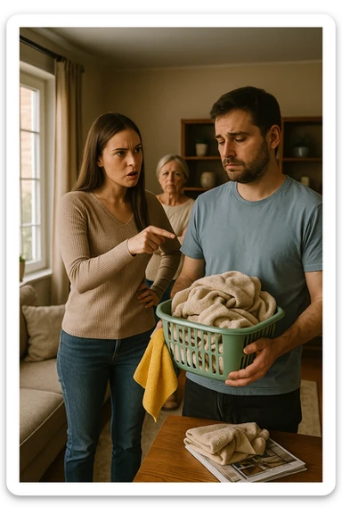 a woman stands assertively in the center of a living room, giving clear instructions to her partner. The man, with a submissive and resigned expression, follows her directions, perhaps holding household items or performing a chore. Behind them, an older woman (the mother-in-law) stands with crossed arms and a disapproving look, watching the scene unfold. The lighting is natural, and the atmosphere is tense but realistic. sticker