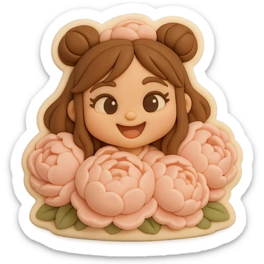 3D chibi fondant cake art style, high-quality rendering with smooth shadows and soft gradients. Girl based on reference image with preserved facial features and eye shape exactly as in the reference. Long brown hair in two space buns, brown eyes, thick white outline like a sticker, transparent background. Her happy face peeks out from a dense dome of giant soft pink peonies, petals almost touching her cheeks and forehead. sticker
