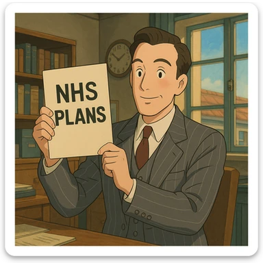 A 1930s man wearing a grey pinstripe suite holding up an official document with the words 'NHS Plans' with an office background sticker