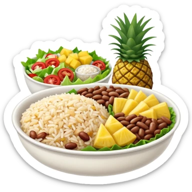 Lunch rice beans salad, meat and pineapple sticker