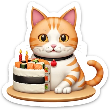cat eating a birthday cake made out of sushi sticker